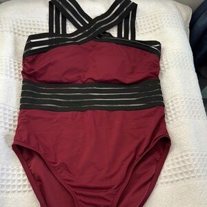 Kenneth Cole Burgundy and Black Striped One-Piece Swimsuit